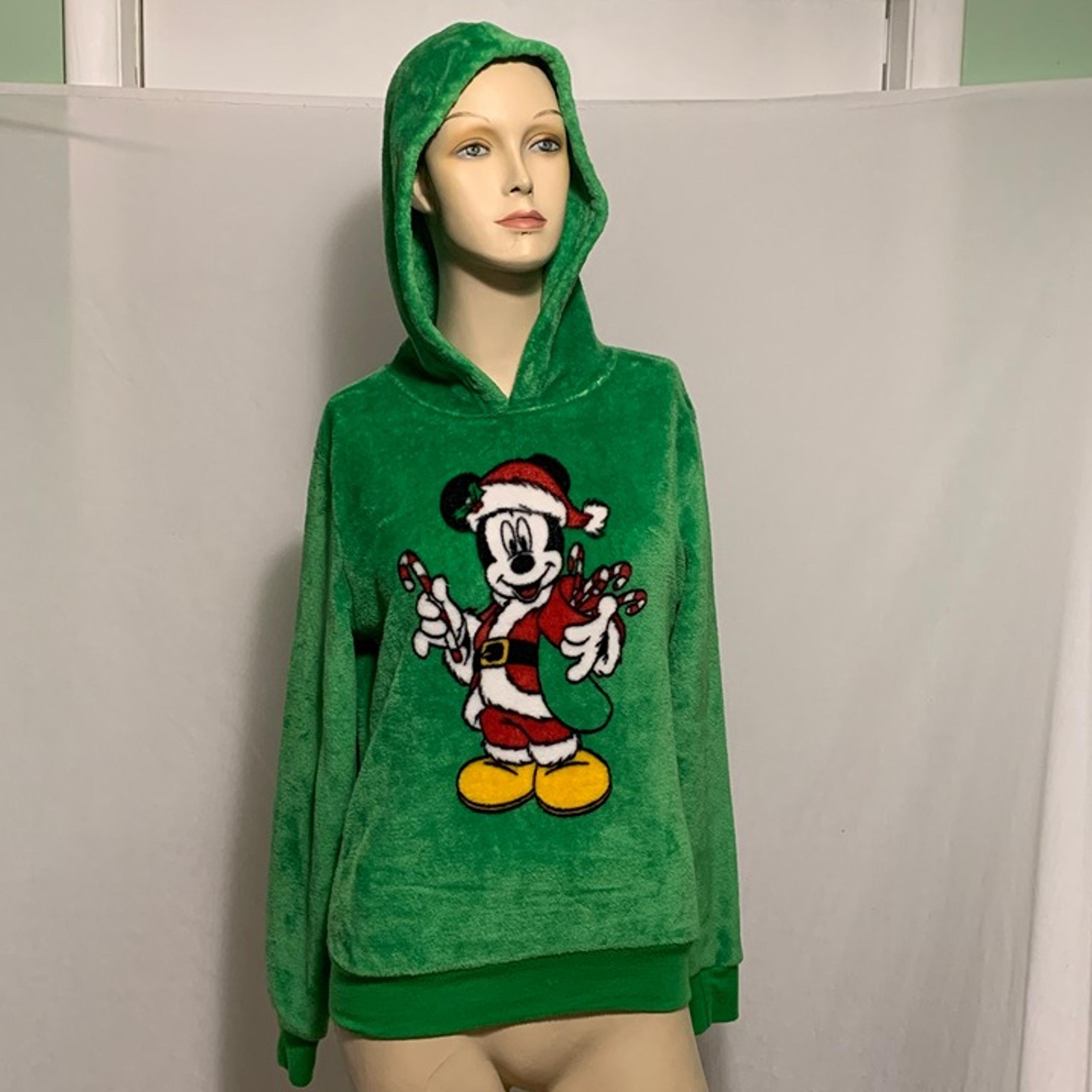 Ugly Christmas Hoodie Disney Mickey Mouse Santa Fuzzy Green Juniors Womens S