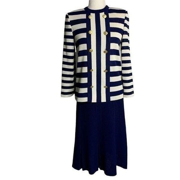 Vintage Castleberry Knit Top Skirt Set S Blue White Striped Nautical Designer
