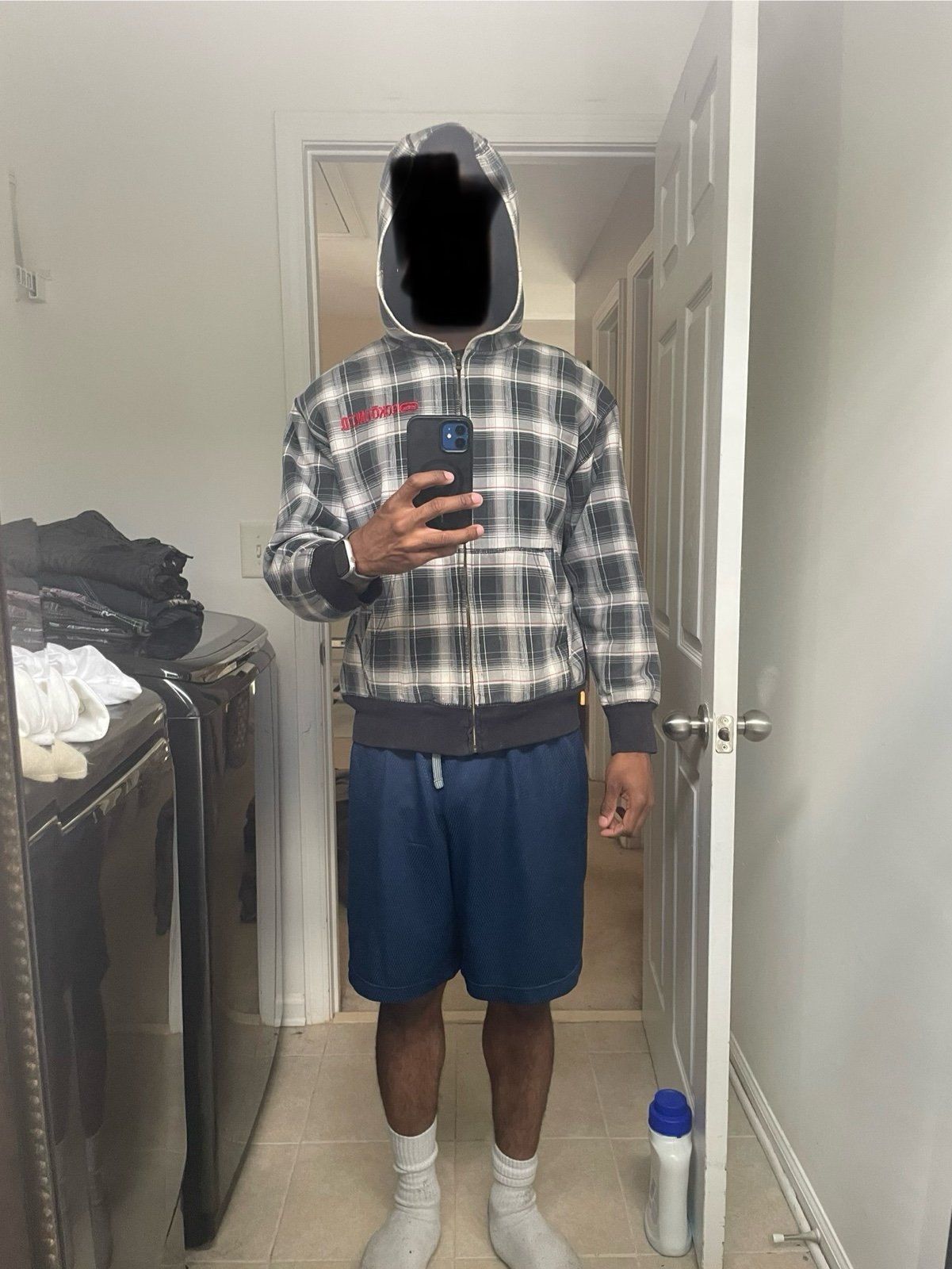 Ecko plaid blue white and red zipper jack