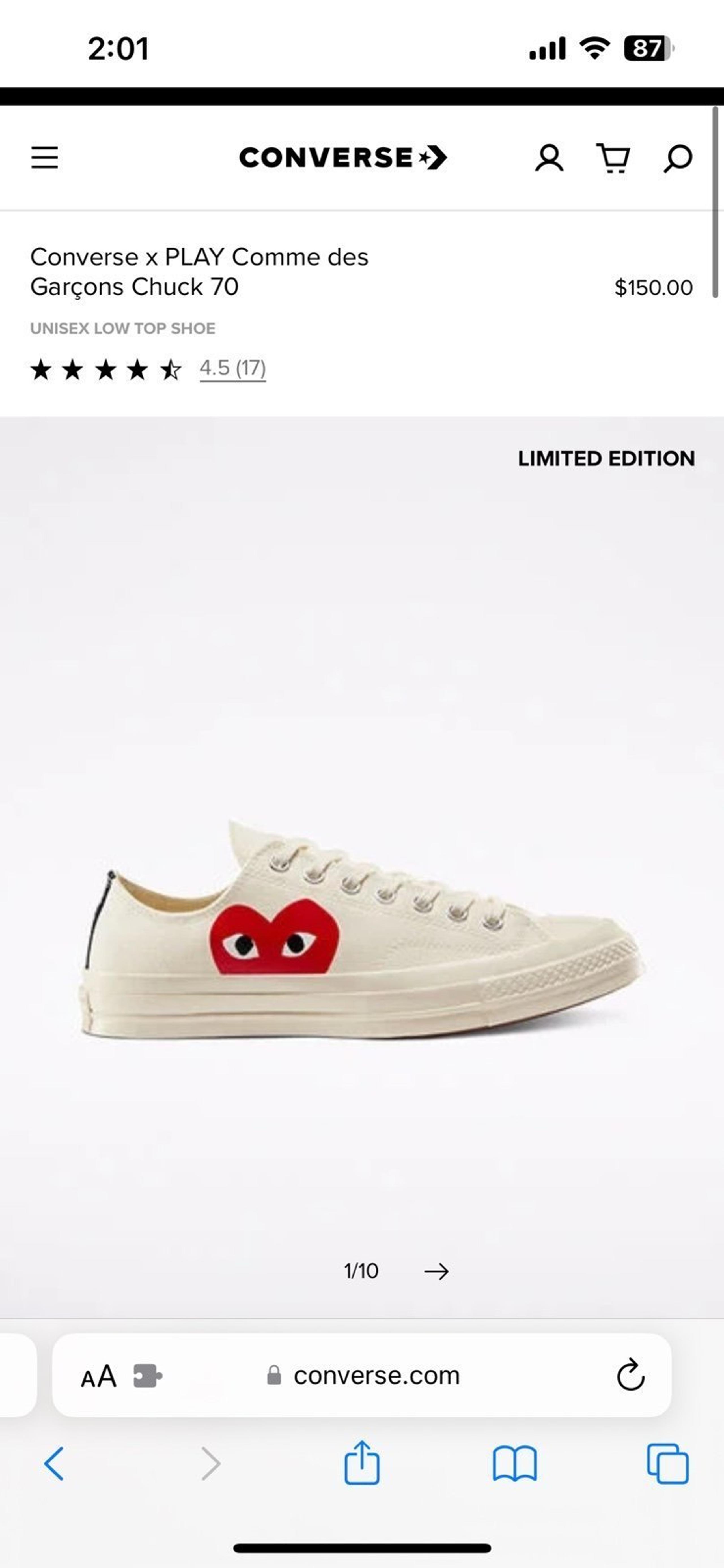 Converse x Comme des Garçons PLAY Chuck 70 sneaker men’s 6 women’s 8
