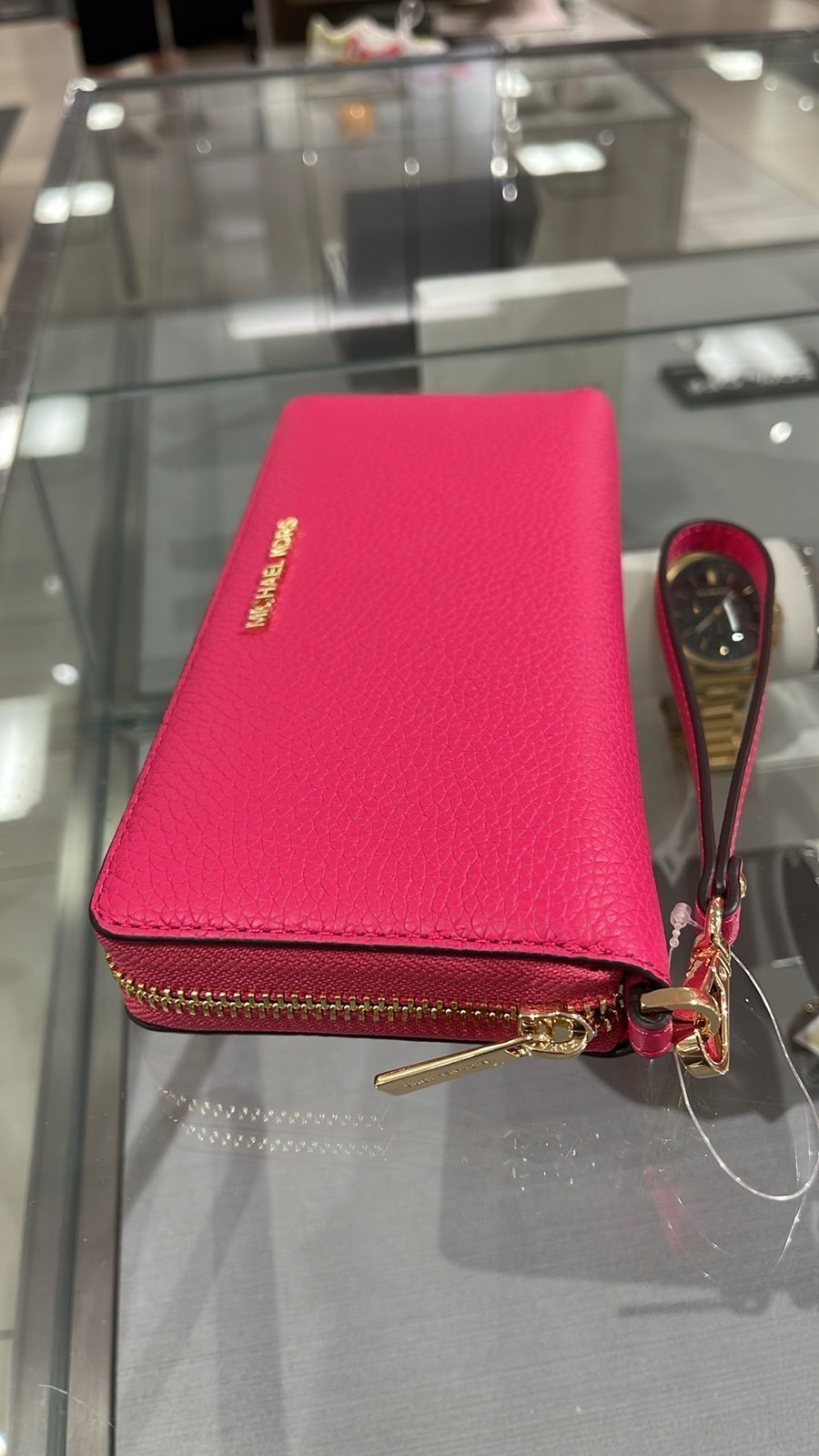 MICHAEL KORS Leather Continental Wristlet Phone Case Wallet Electric Pink NWT