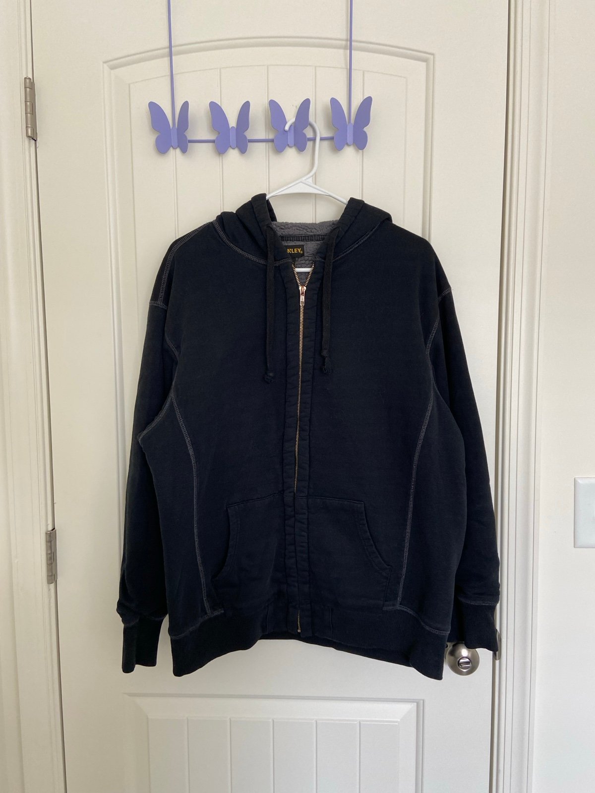 EUC Stanley men’s thick black gray Sherpa fur lined zip hooded jacket large