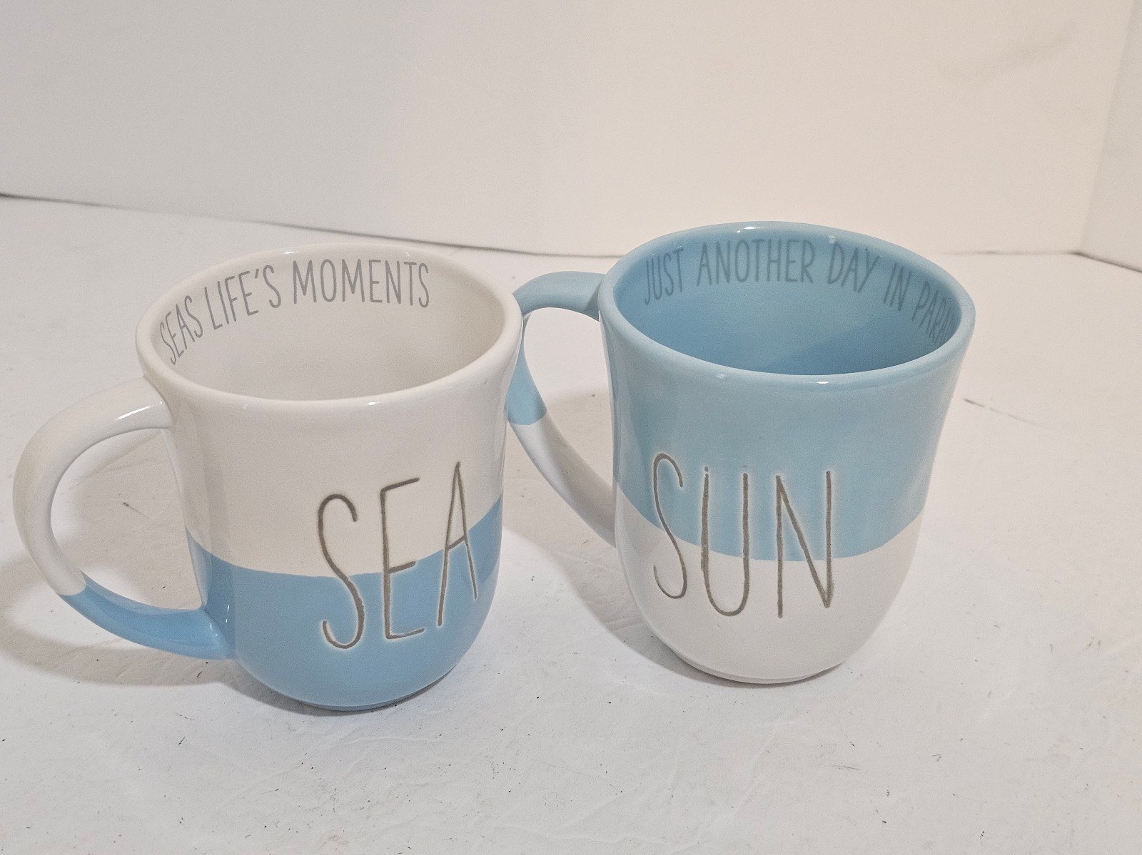 Mud Pie Teal Blue White Ocean Beach Sea Life Coffee Mug Cup Set