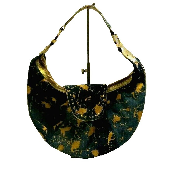 Junior Drake Hobo Sling Purse Bag Studded Denim Art To Wear Gold Splash Paint