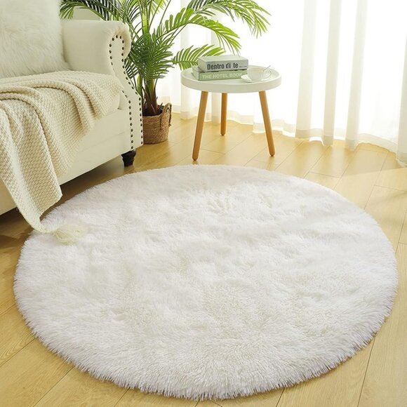 NEW Fluffy Cute White Round Area Rugs for Girls Bedroom, 5x5 Feet Shaggy Rug