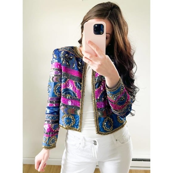 Vintage Blue Pink Beaded Sequin Silk Blazer Jacket Mardi Gras sz Small