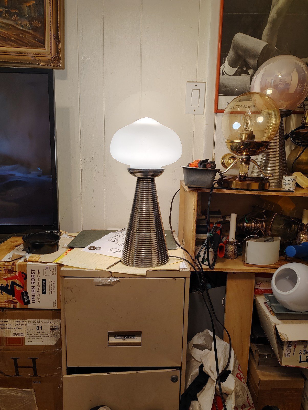 MCM Spaceage polished spun aluminum and opaline glass table /floor lamp