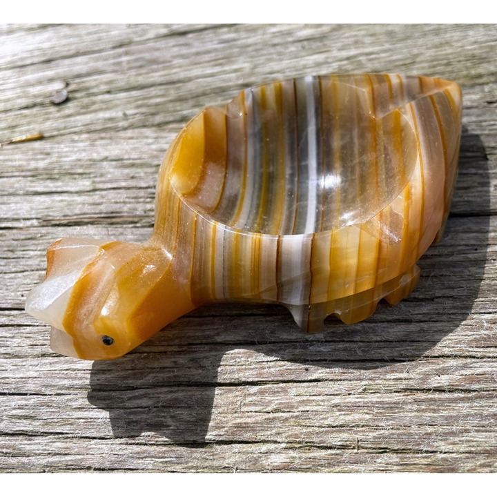 Vintage 1970s Carved Banded Onyx Turtle Ashtray