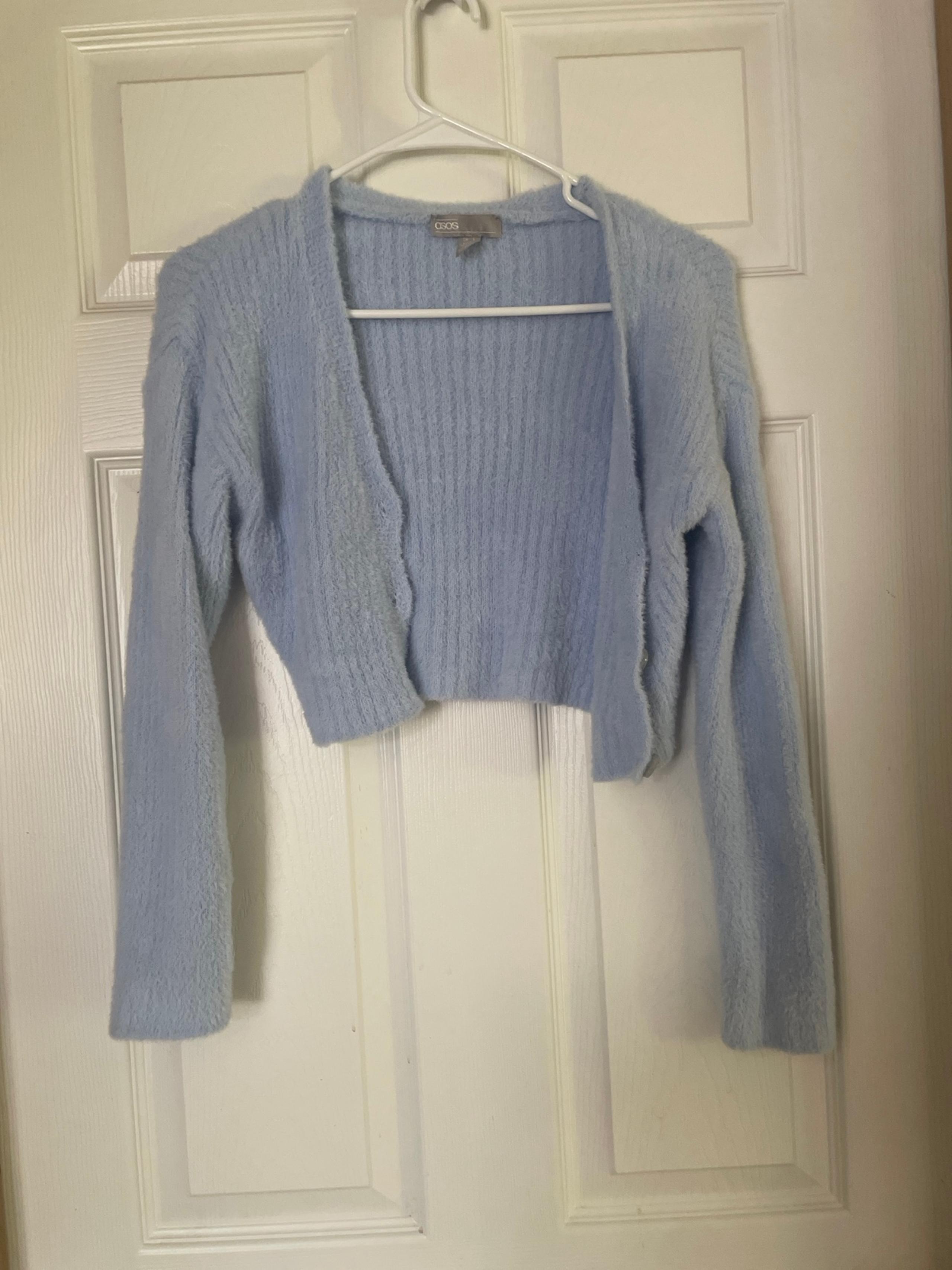ASOS cropped blue fuzzy cardigan