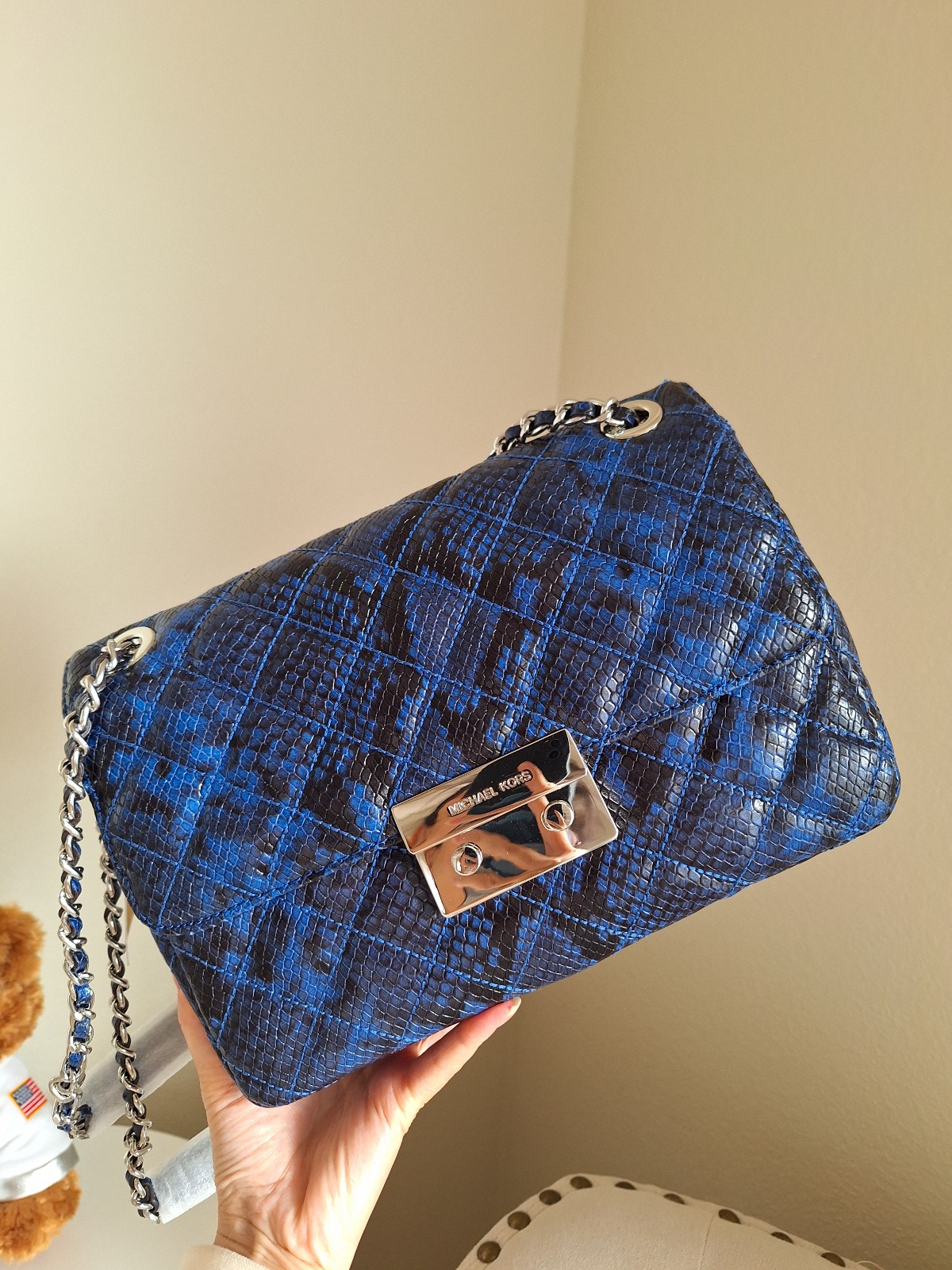 NWT Michael Kors Sloan Large Embossed Leather Shoulder Bag Blue (30H5SSLL3N)