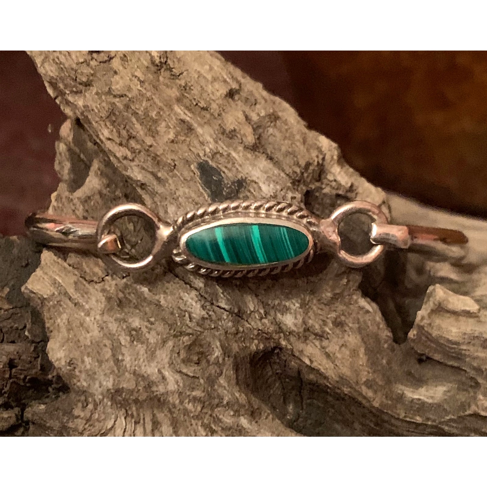 Sterling Silver and Malachite Hook Bangle Bracelet Vintage Made in Mexico