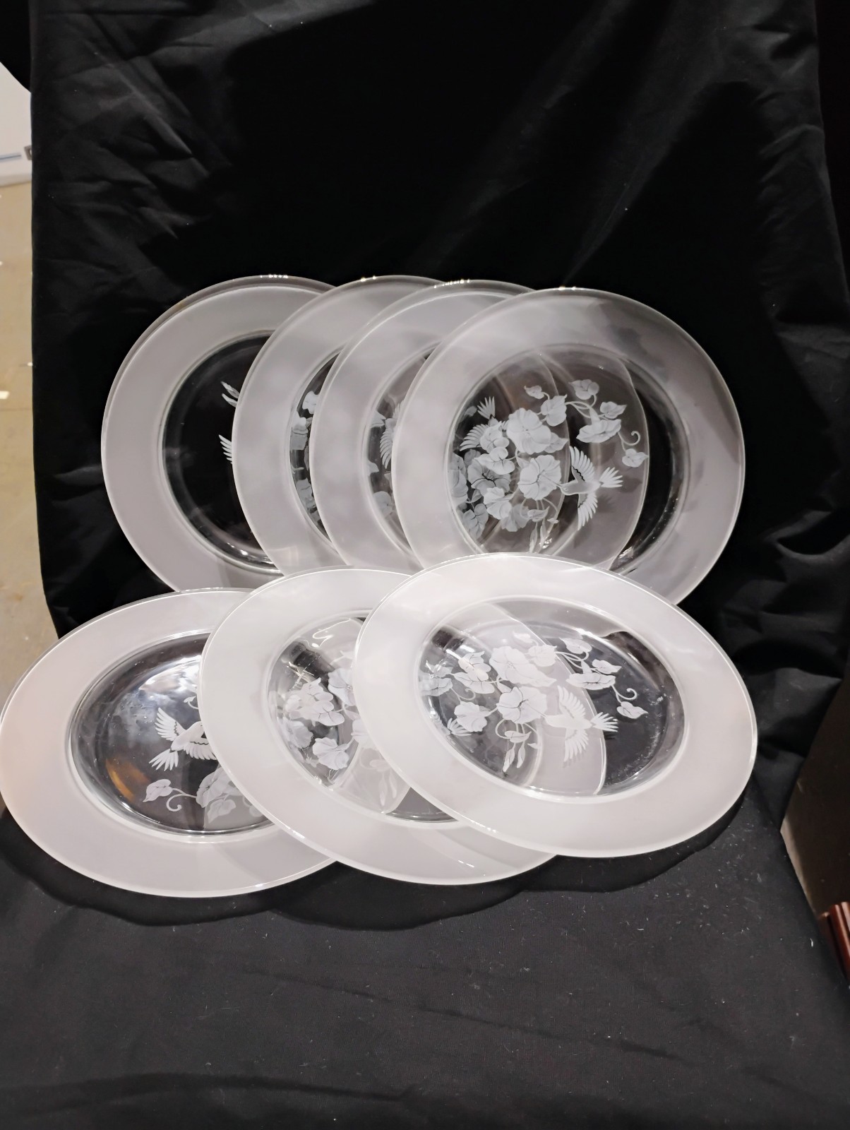 Set of 7 Vintage Hummingbird Frosted Etched Crystal Glass Plates 8