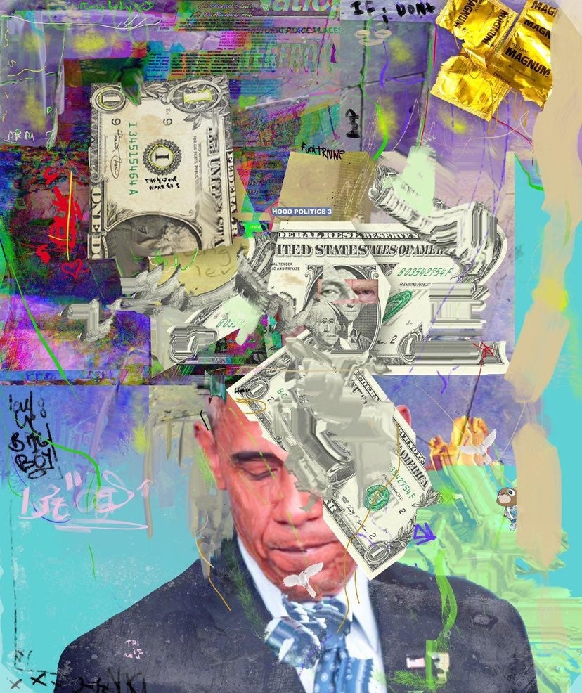 Hood Politics glass framed collage painting 11x14