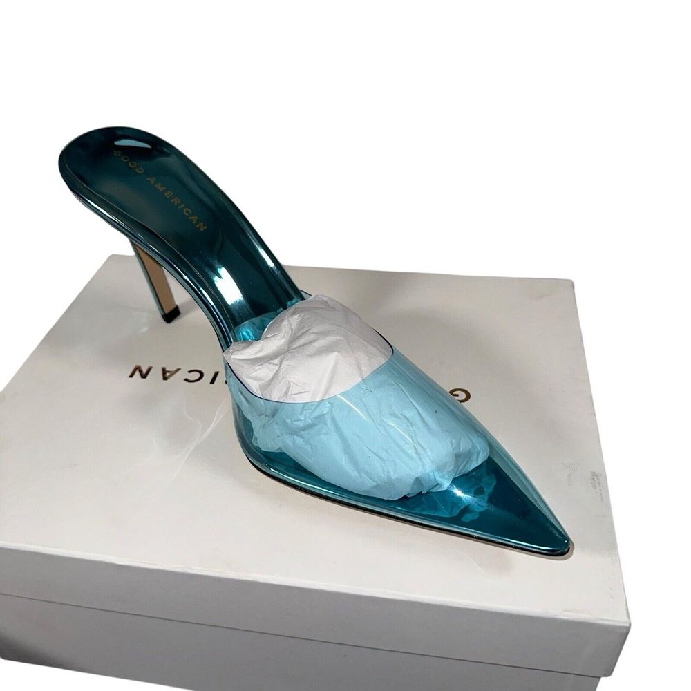 Good American Womens Blue Metallic New Cinder-Rella Glass Slipper Mules Sz 12