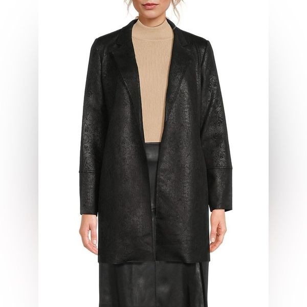 Tahari black faux leather printed open long blazer jacket office career travel