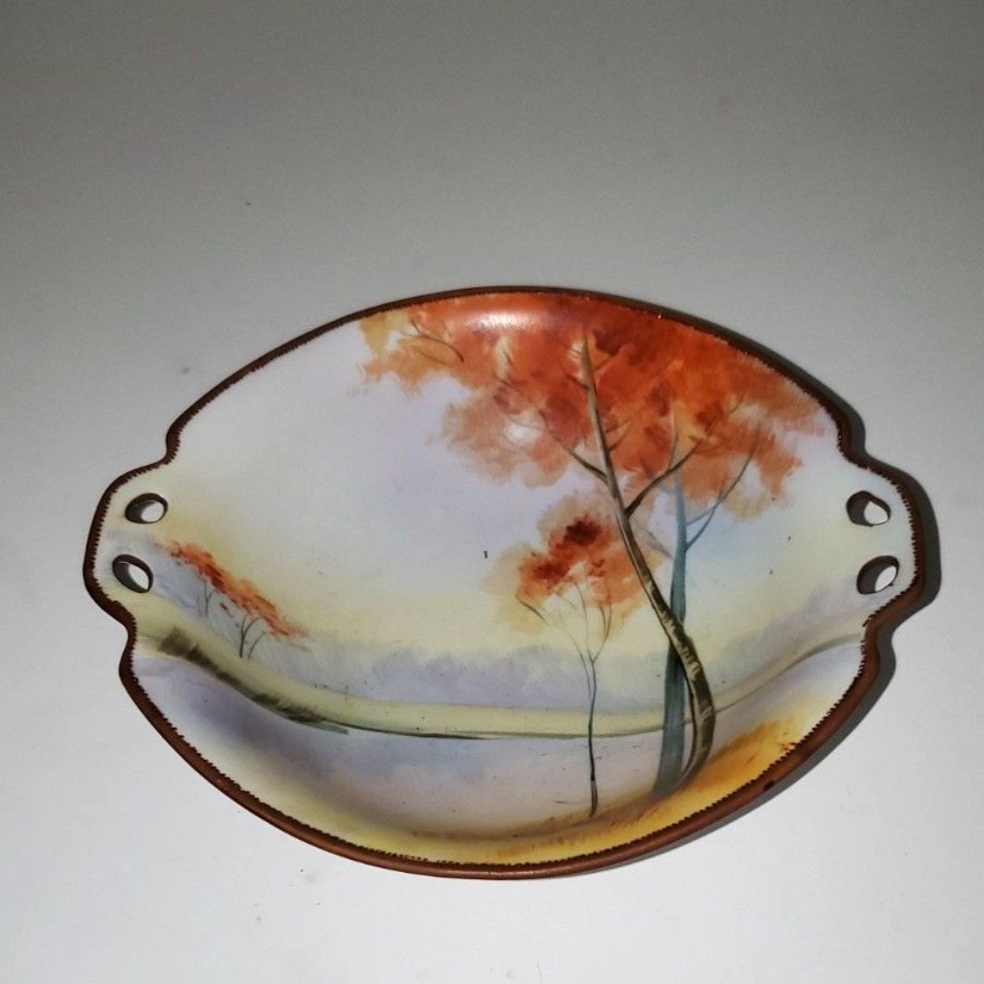 A Nippon Candy Dish Hand Painted Lake Scene Vintage Japanese Porcelain MCM