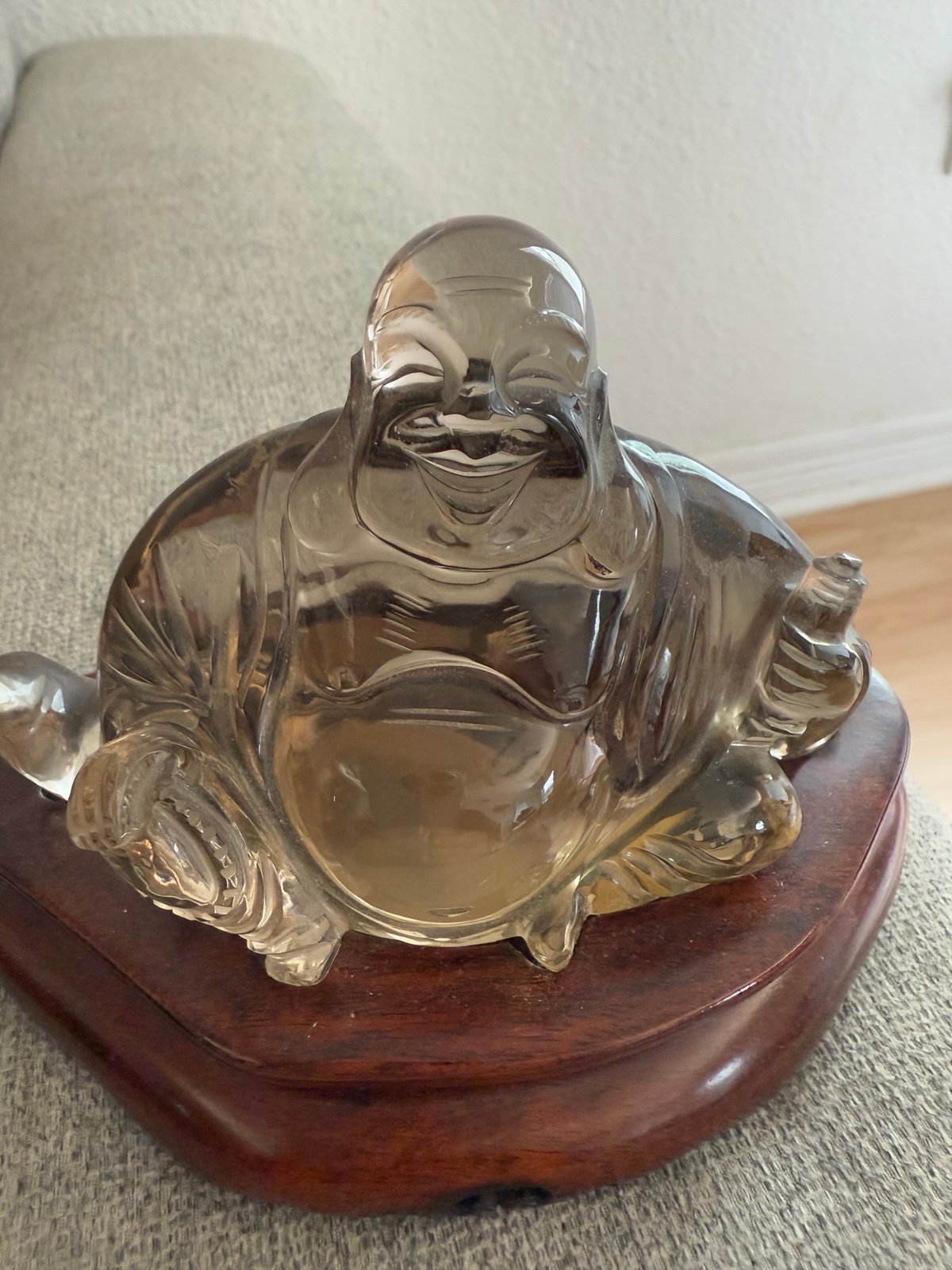 Carved Clear Quartz Crystal Chinese Budai Laughing Buddha Figurine Wooden Stand