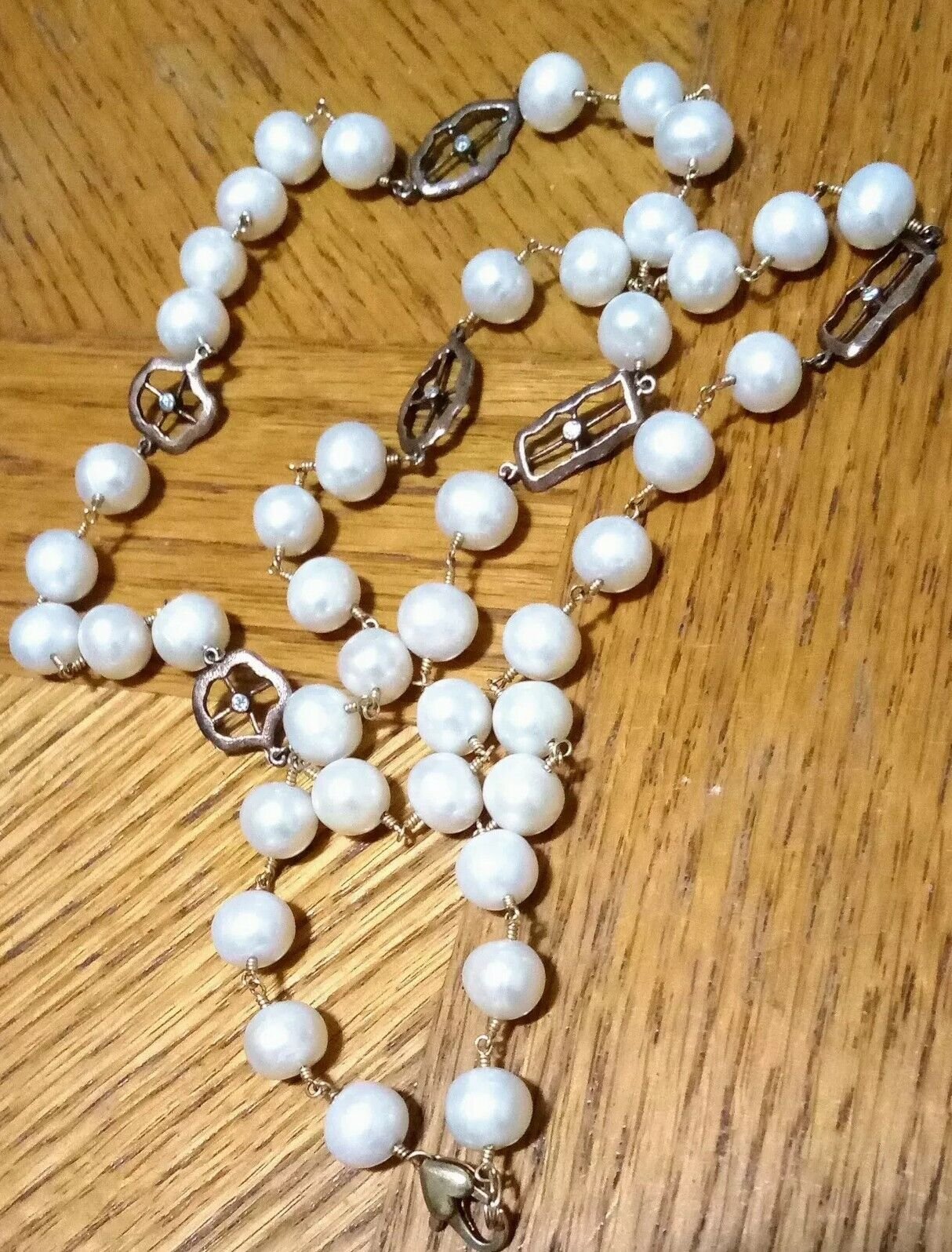 Antique Sterling Silver Long Pearl Station Goldtone Crystal Necklace