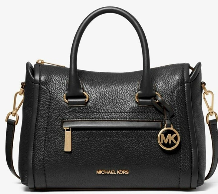 MICHAEL KORS CARINE MEDIUM BLACK LEATHER GOLD LOGO CROSSBODY SATCHEL BAG NWT!