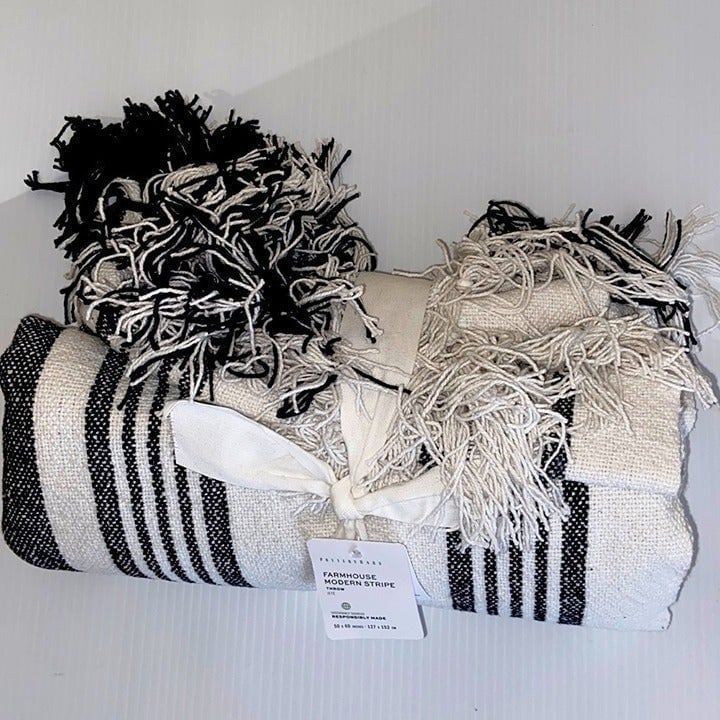 POTTERY BARN Farmhouse Modern Stripe Throw/ Blanket 50x60 NWT - 100% Cotton