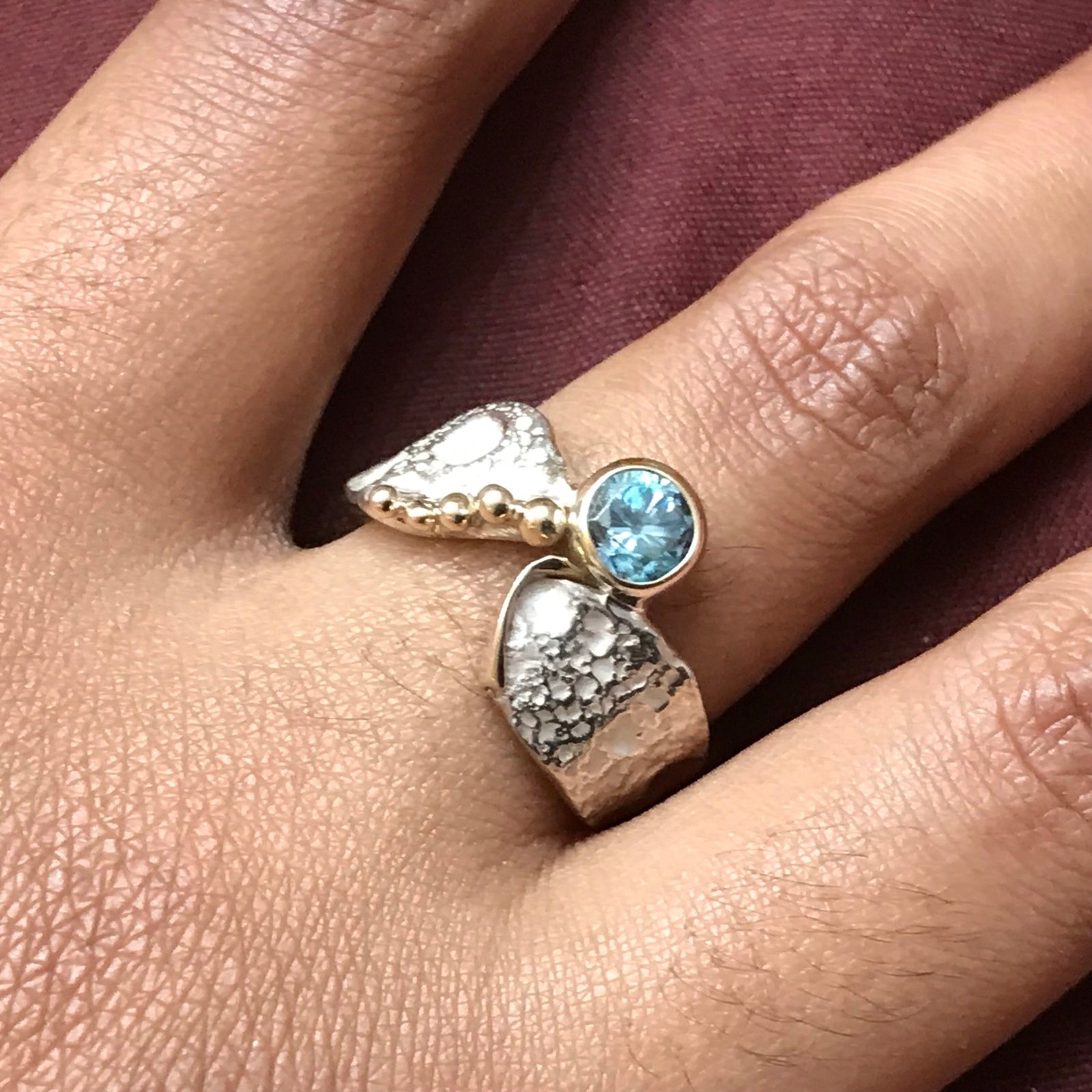 Sterling Silver & 14K Gold Round Blue Zircon Ring Size 6.5
