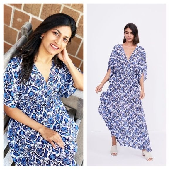 Rujuta Sheth / Dress Marie Cinch Kaftan Blue Lotus Print Maxi Anthropologie M/L