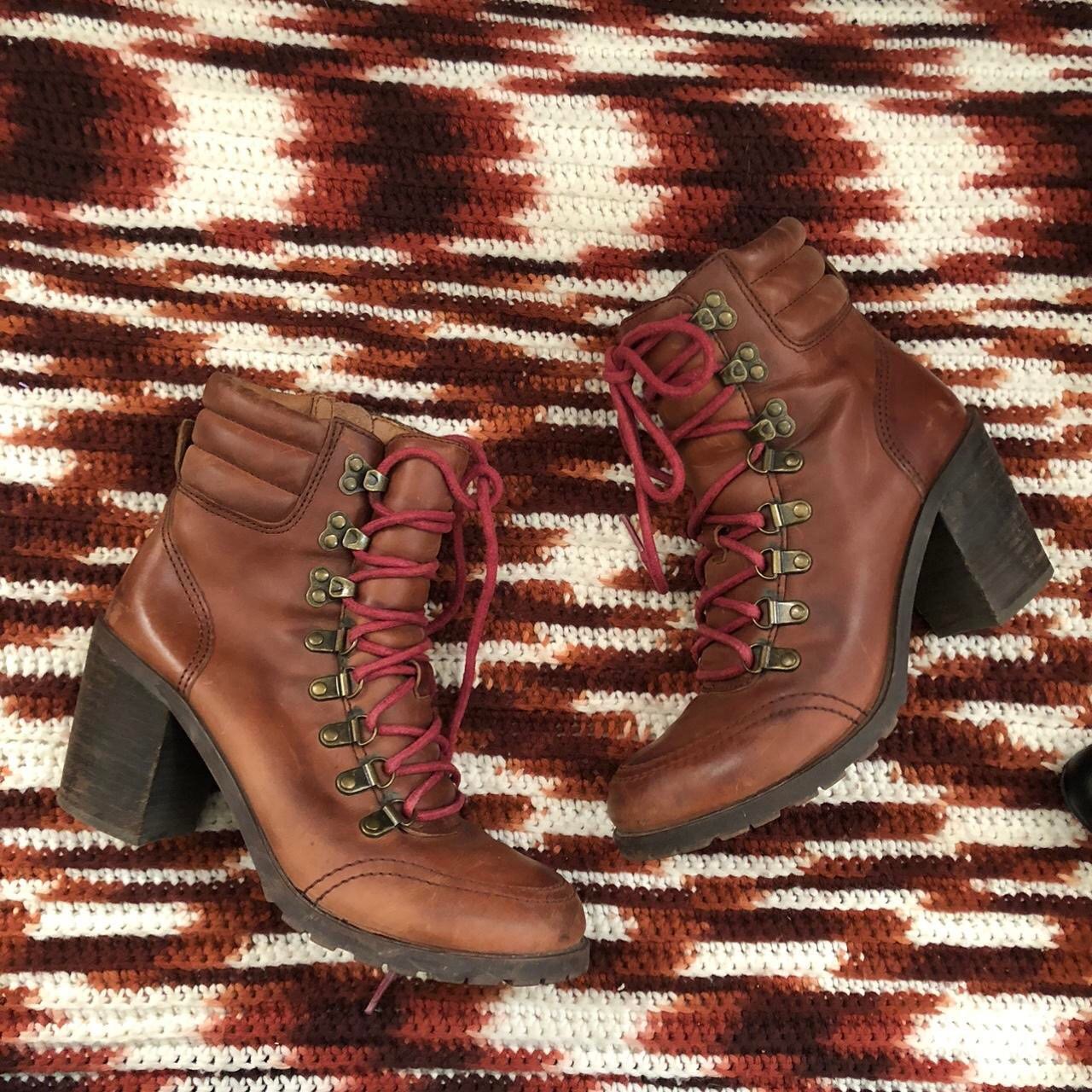 Lucky Brand Brown leather red lace ankle combat boho hiking boots booties heels