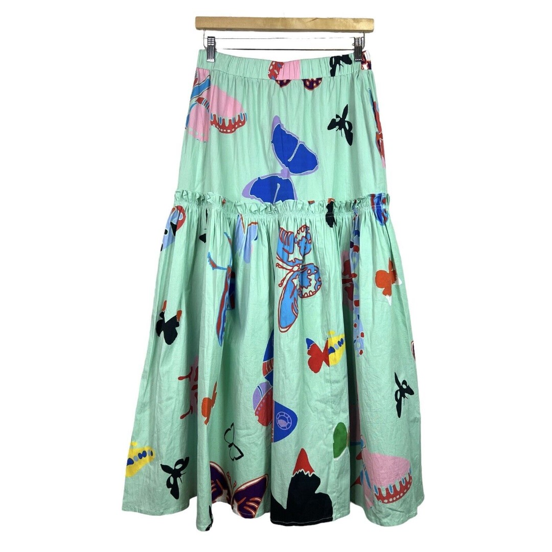 Sheridan French Emma Skirt Aqua Butterfly Maxi Colorful Ruffle Size L NWT