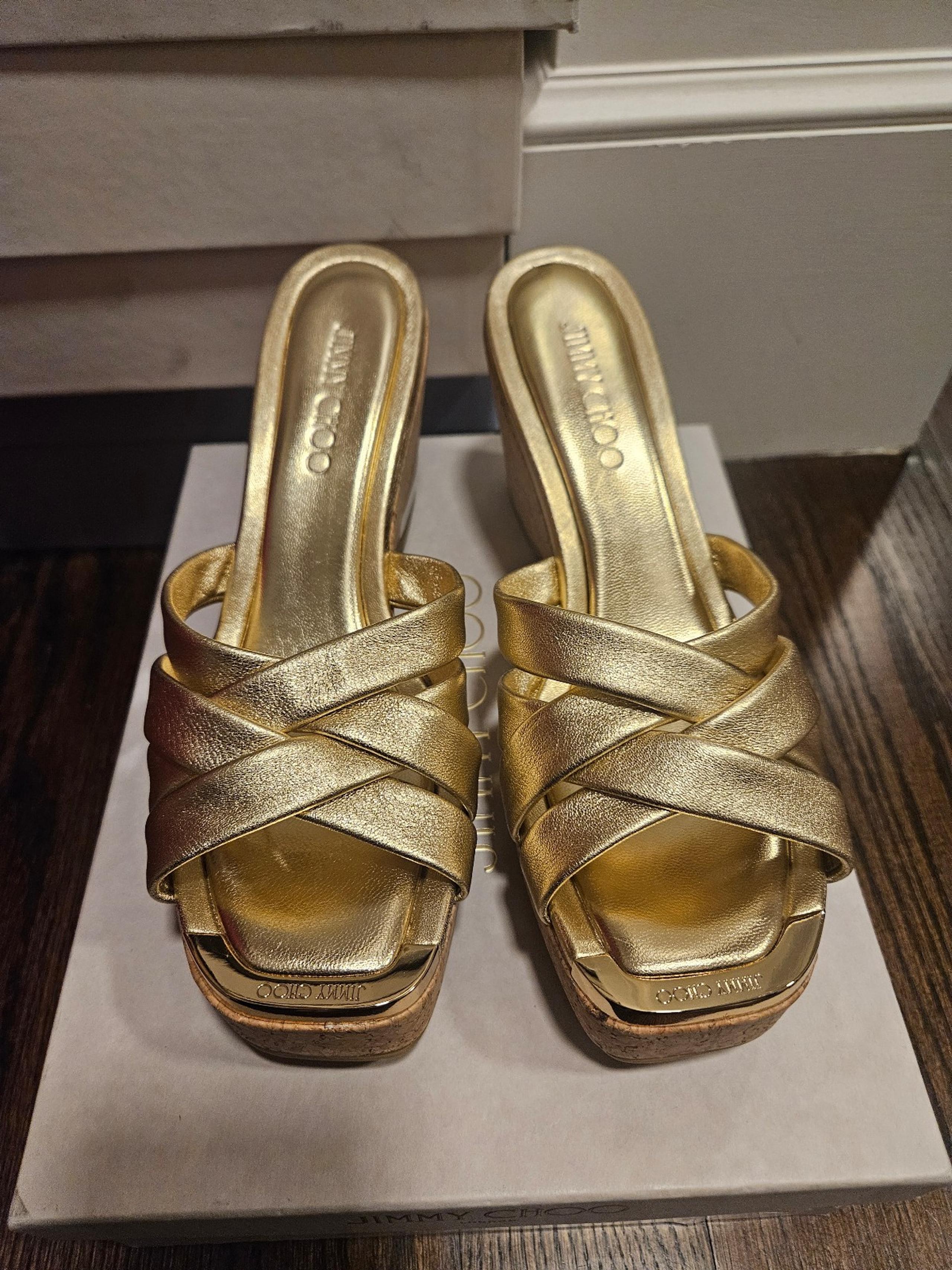 JIMMY CHOO METALLIC SLIP ON CORK SANDAL WEDGES SIZE 40