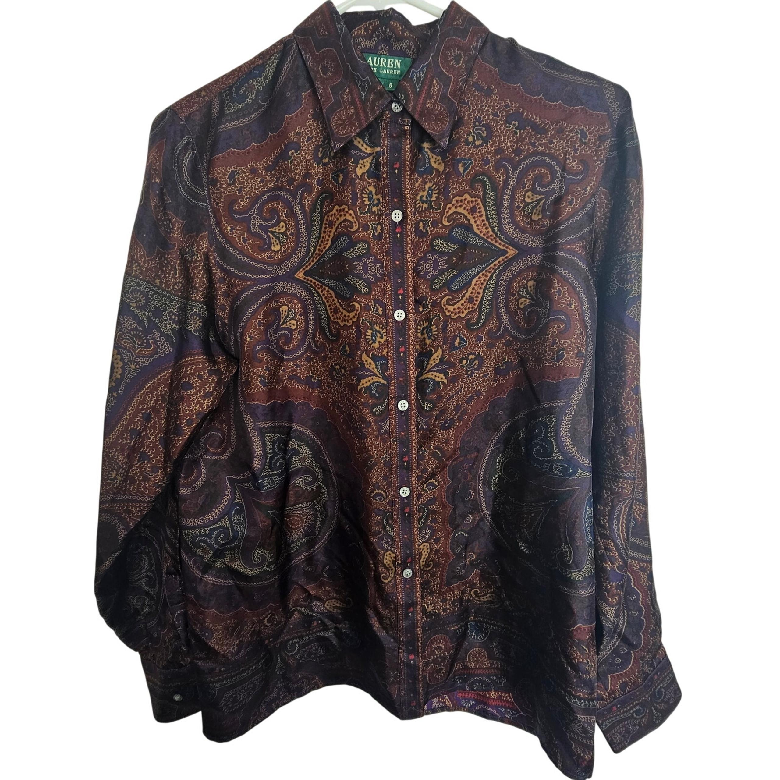 VTG Silk Blouse Women 6 Paisley Purple Red Delicate Button - Lauren Ralph Lauren