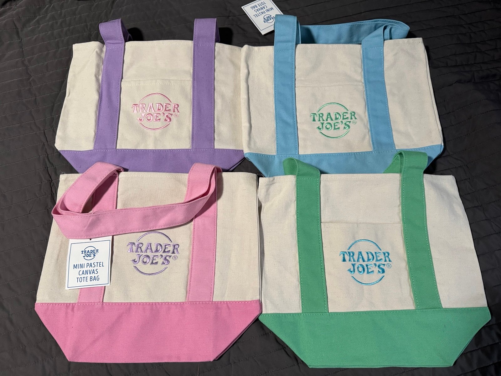 Trader Joes Mini Pastel Canvas Tote Bag Purple, Blue, Pink, and Green Bundle