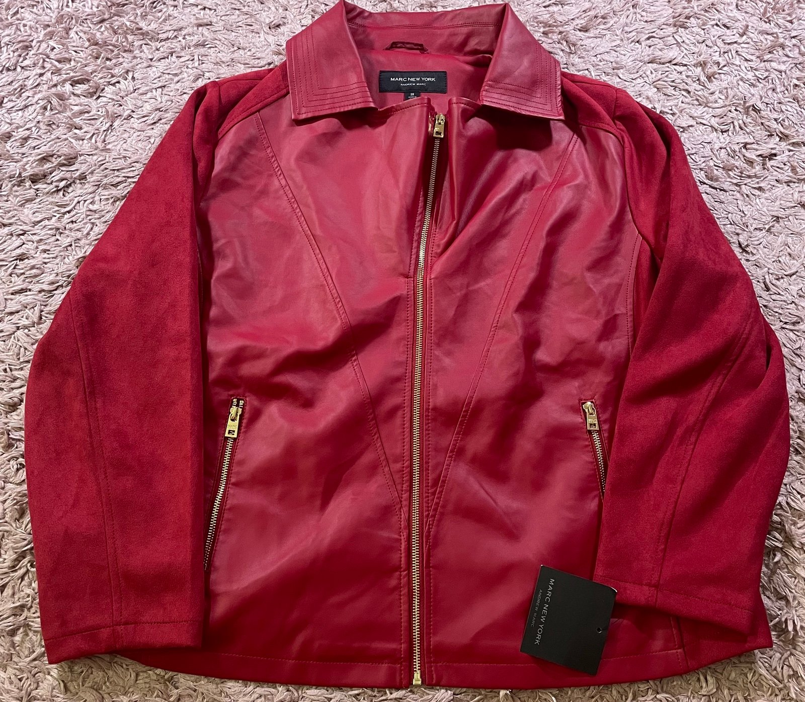 NWT Andrew Mark New York Cranberry Red Leather Jacket Gold Zipper 2X