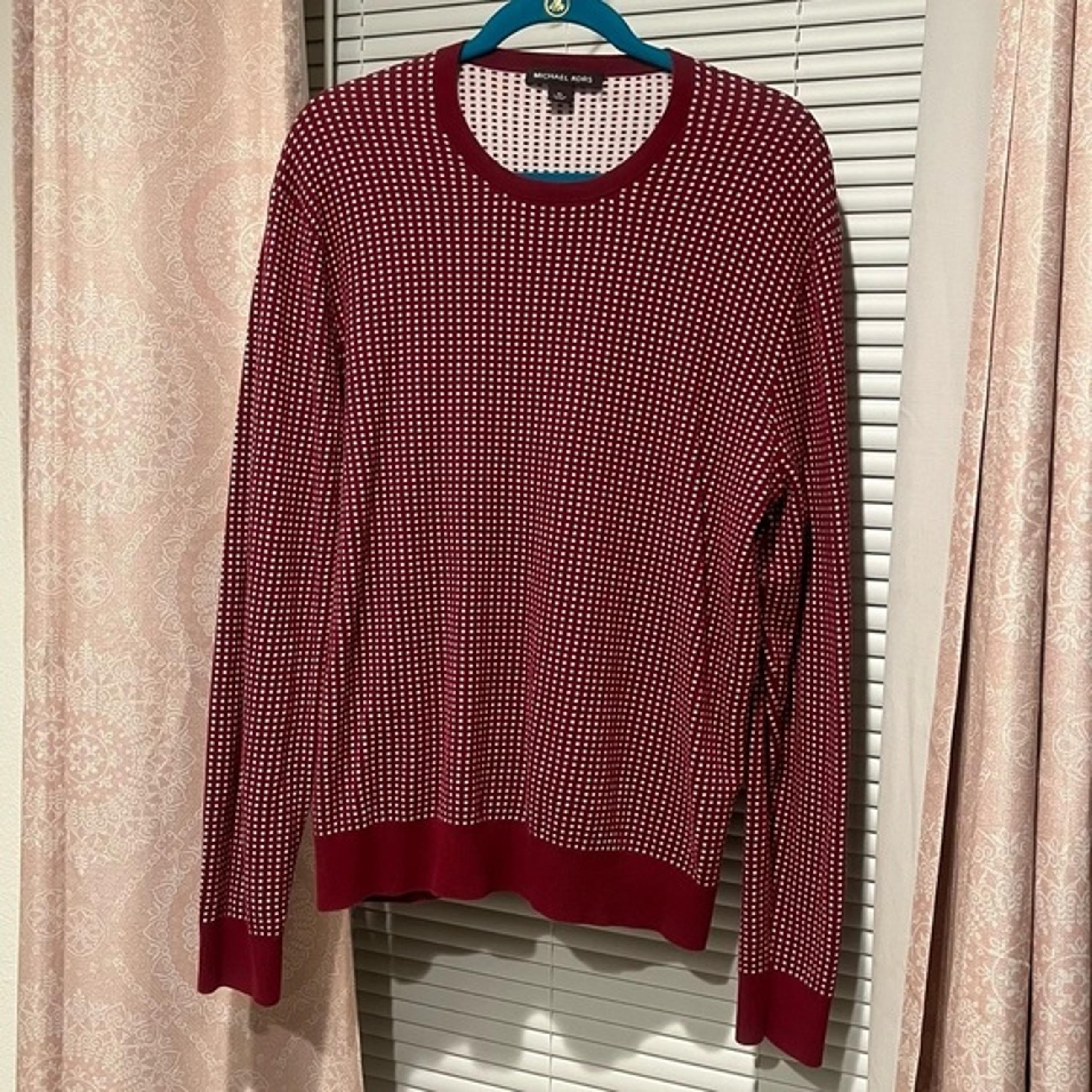 Michael Kors Checker Long Sleeve Sweater Crewneck Ribbed Hem Red & White Size XL