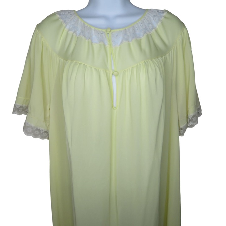 Vintage Knee Length Nylon Nightgown L Yellow Lace Short Sleeve Buttons USA Made