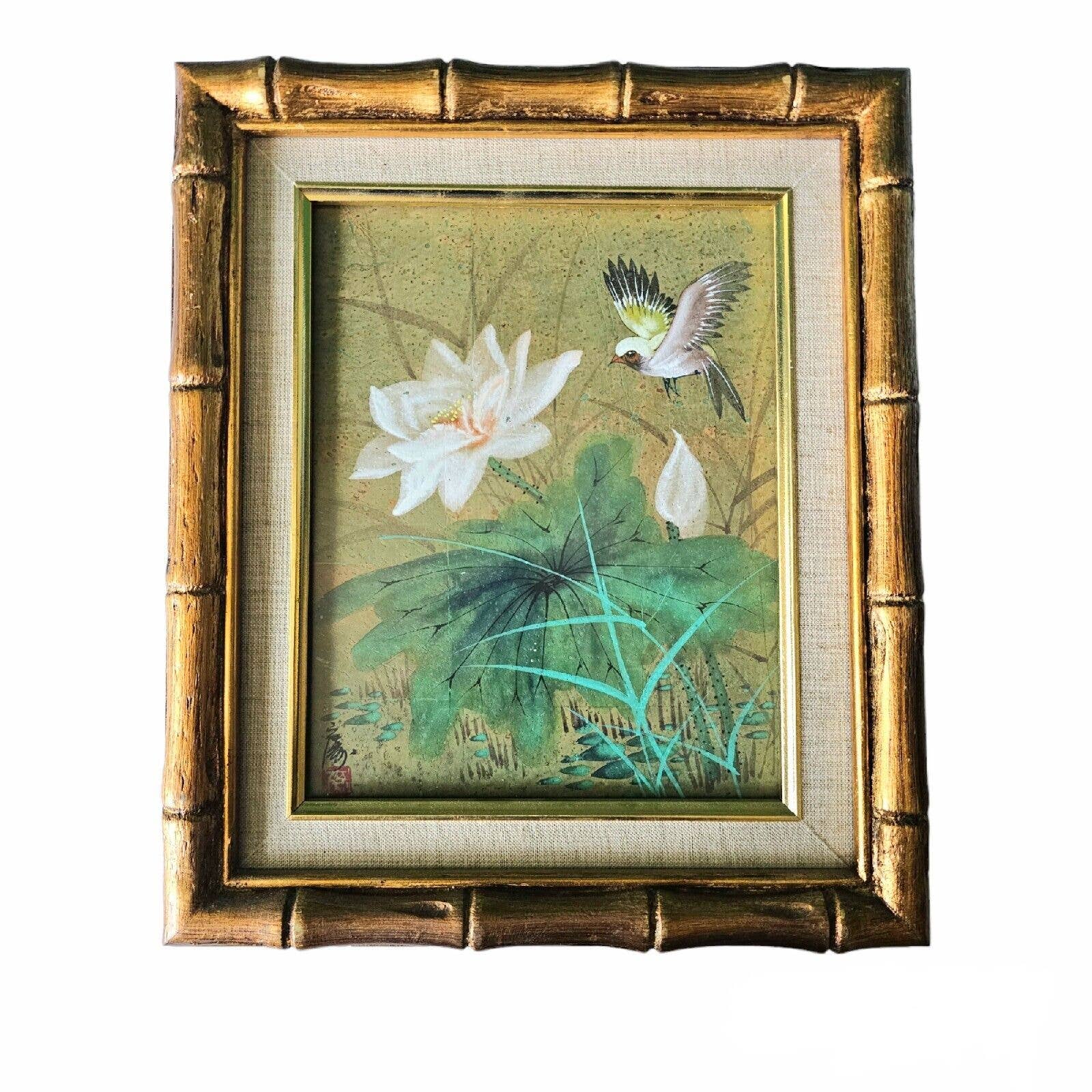 Asian Watercolor Painting Cork Paper Bird Flower Gold Bamboo Frame Signed 12x13