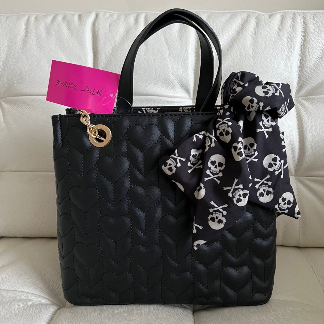 Betsey Johnson Black Quilted Heart & Skull Scarf Handbag Satchel