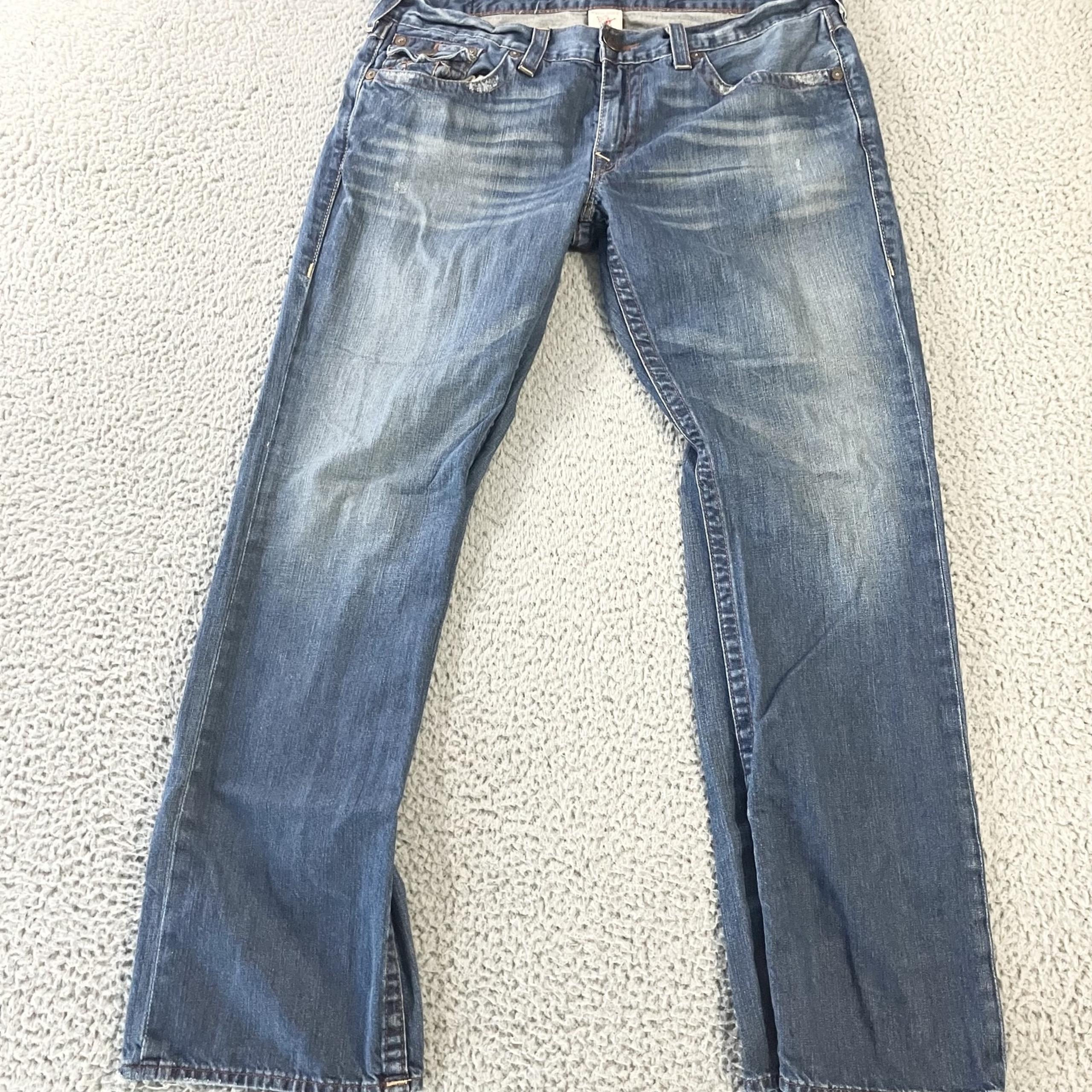 True Religion Jeans Mens 38 Blue Straight Leg USA Made Distressed Denim Pants