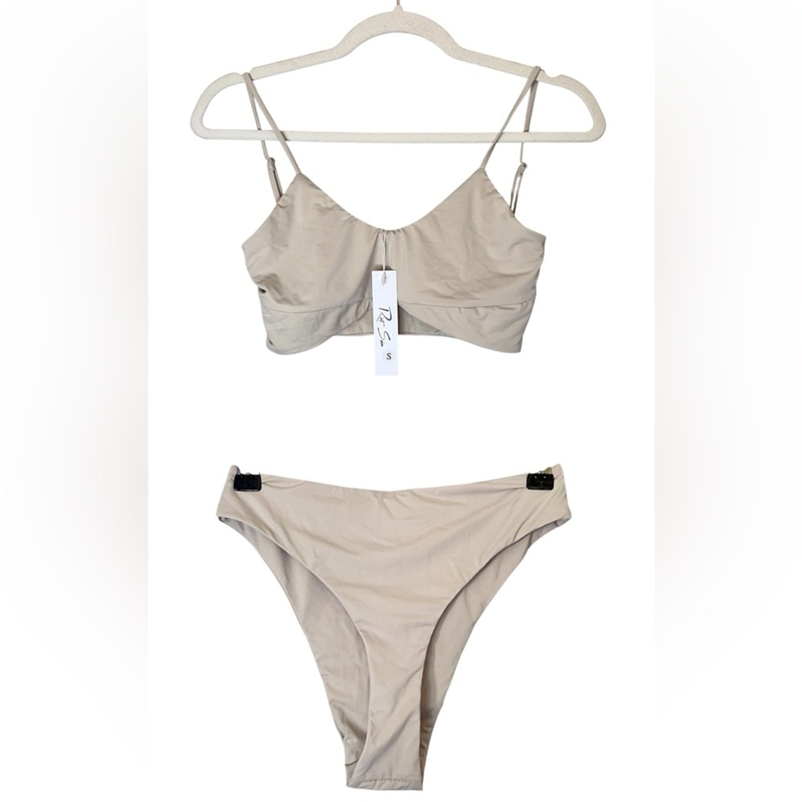 Riot Swim NEW Cree Top & Kai High Waist Bottoms Bikini Set Coconut Beige Small