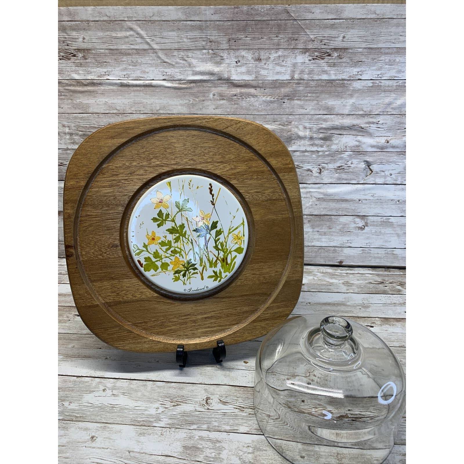 Vintage Goodwood Floral Cheese Board & Cracker Wood Platter With Glass Dome MCM