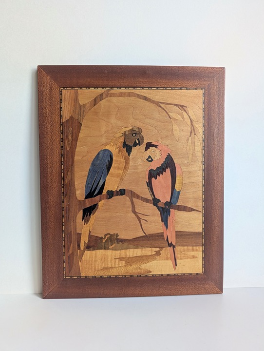 Vtg Handmade Wood Marquetry Parrots Exotic Birds Picture 15 Wall Plaque Signed