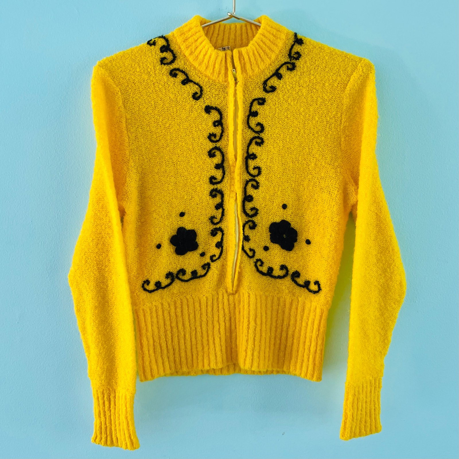 Vintage 70s zip front sweater Russian embroidered knit VTG 1970s funky