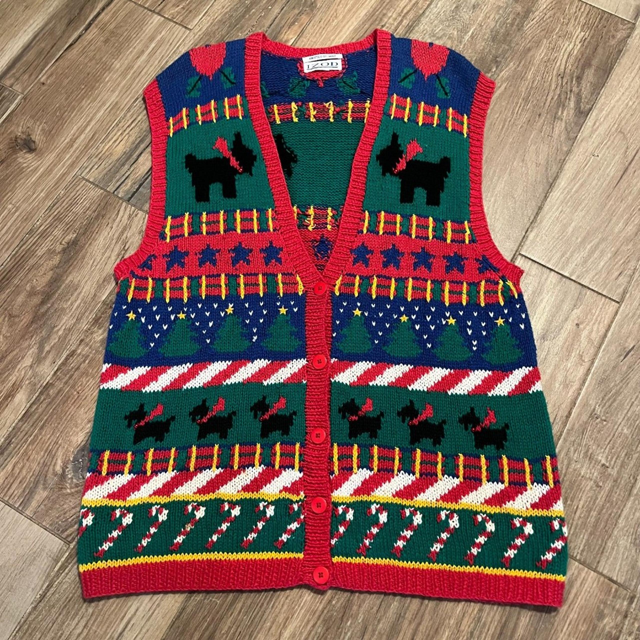 IZOD Christmas Holiday Sweater Vest Hand Knitted Scottie Dogs Button Front XL