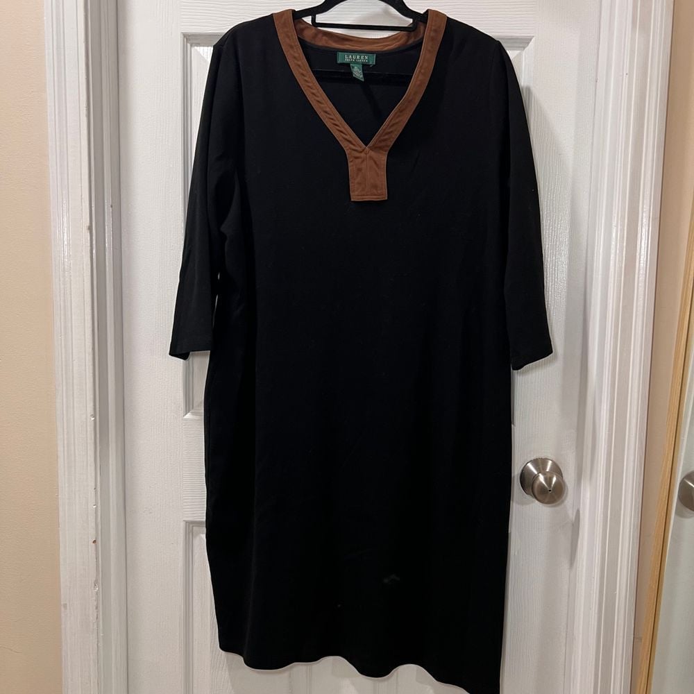 Lauren Ralph Lauren Black Cotton Dress w/Tan V-Neck Trim 3/4 Sleeve Casual-SZ 3X