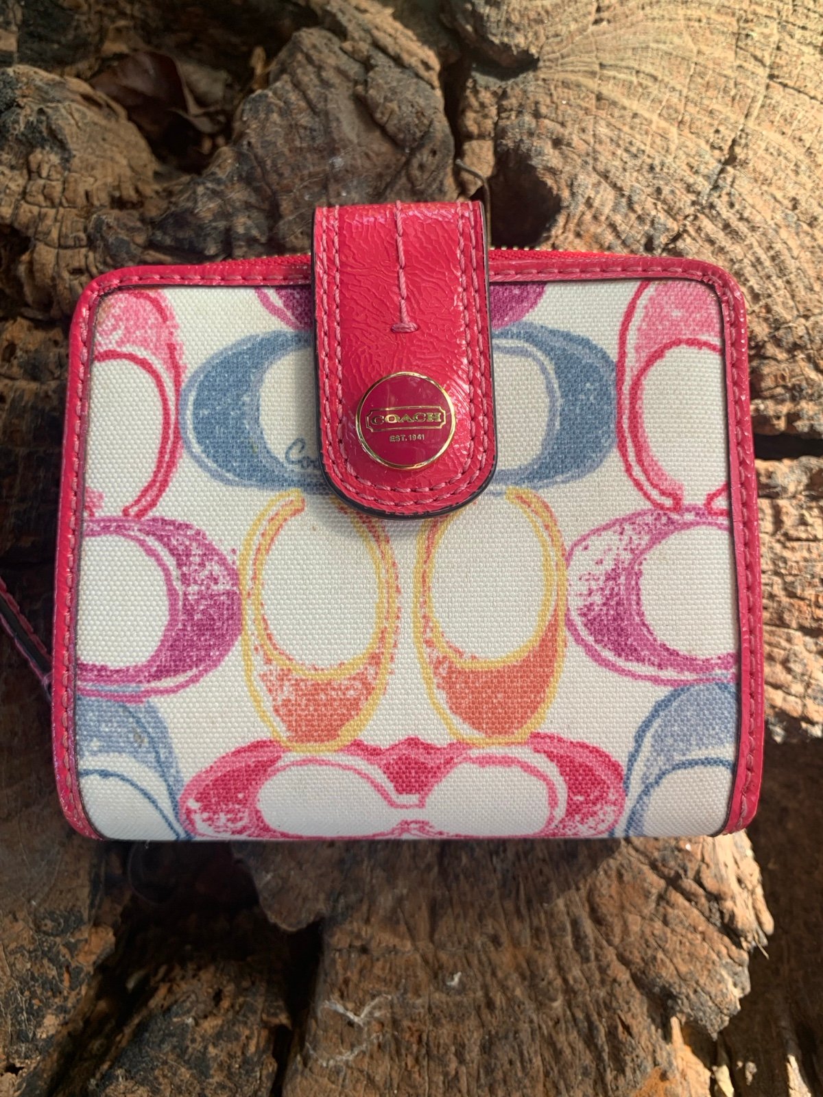 Coach Print Multi Colored White, Pink, Yellow, and Blue Snap and Zipper Wallet