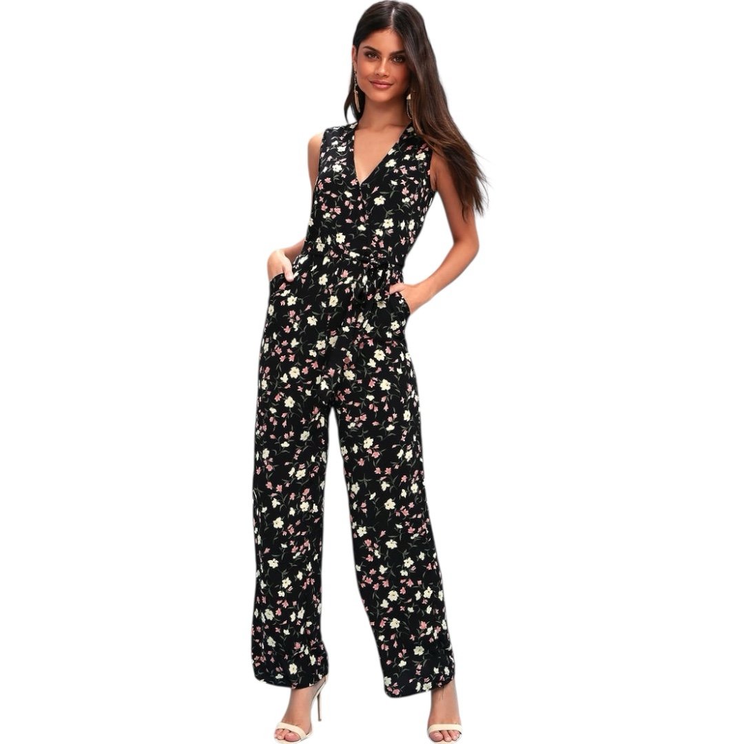 Lulus Robertson Black Floral Print Wide Leg Jumpsuit S NWT