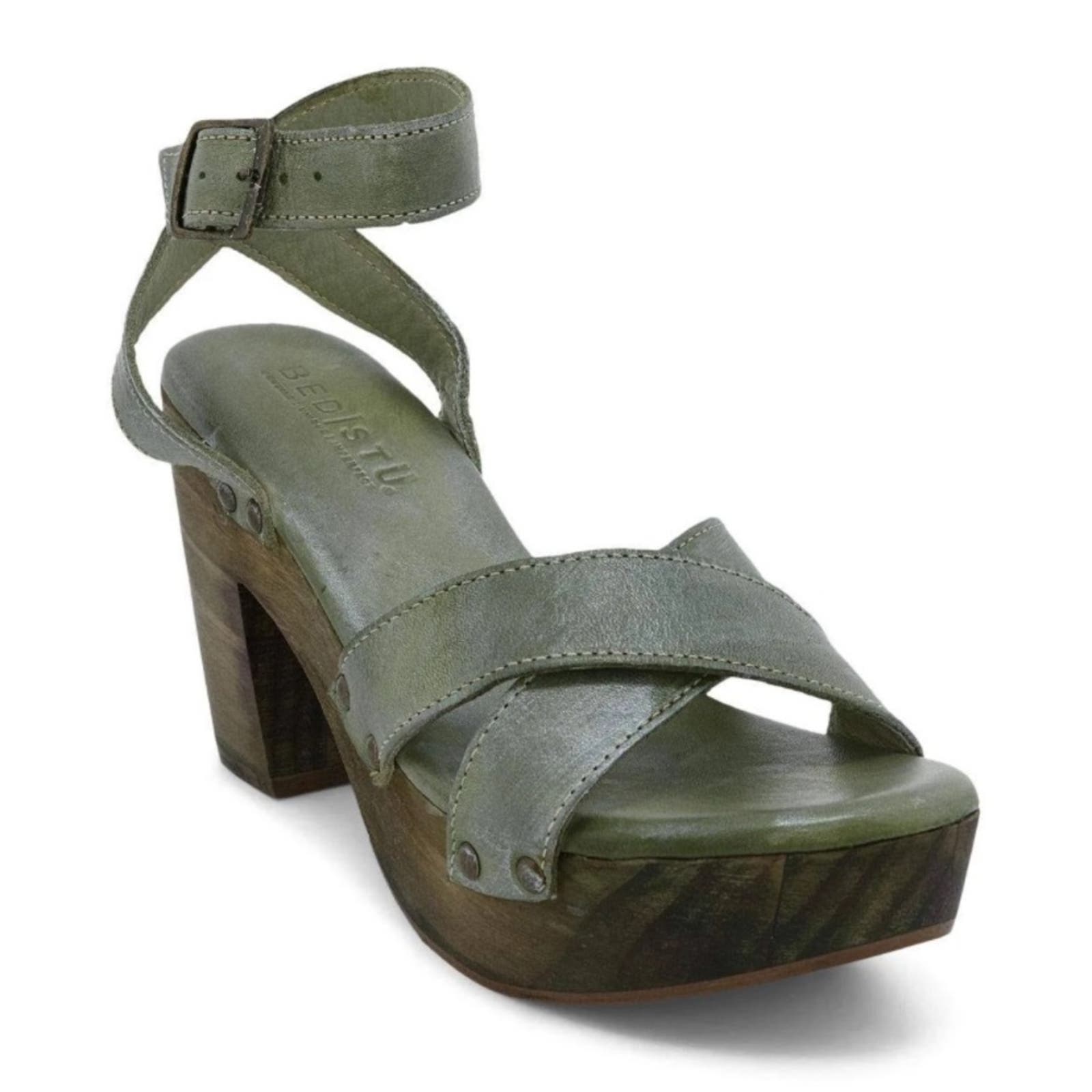 Bed|Stu Kalah Green Criss Cross Leather Wood Platform Clog Heel