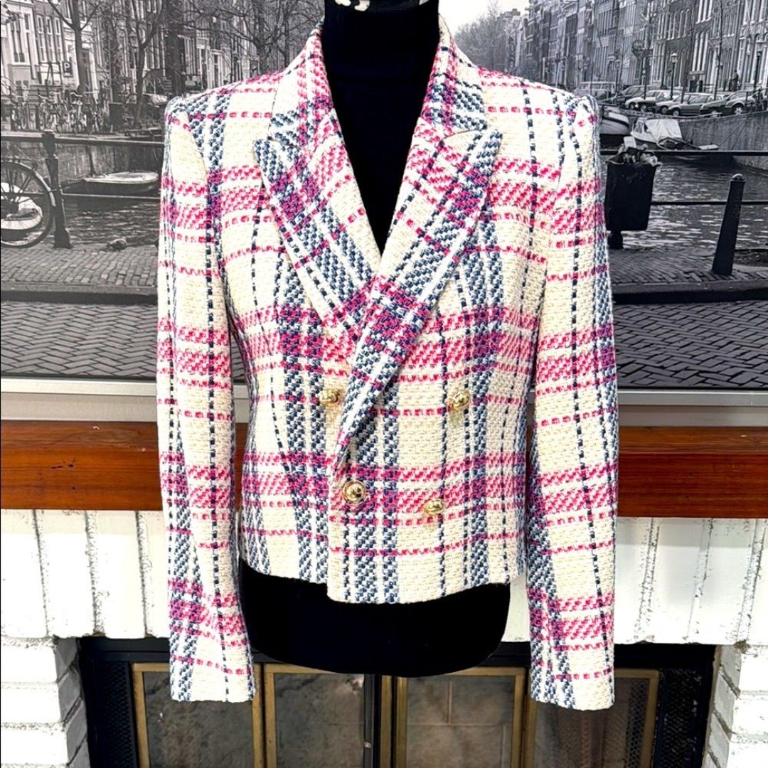 Zara Women Tweed Blazer Jacket White Blue Pink Medium Work Office Casual