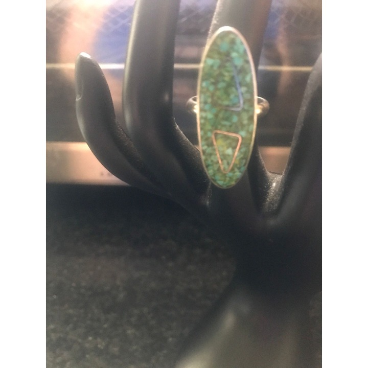 Vtg 1960's Oval Shaped Turquoise Chip Bezel Set In Sterling Silver Ring Size 6