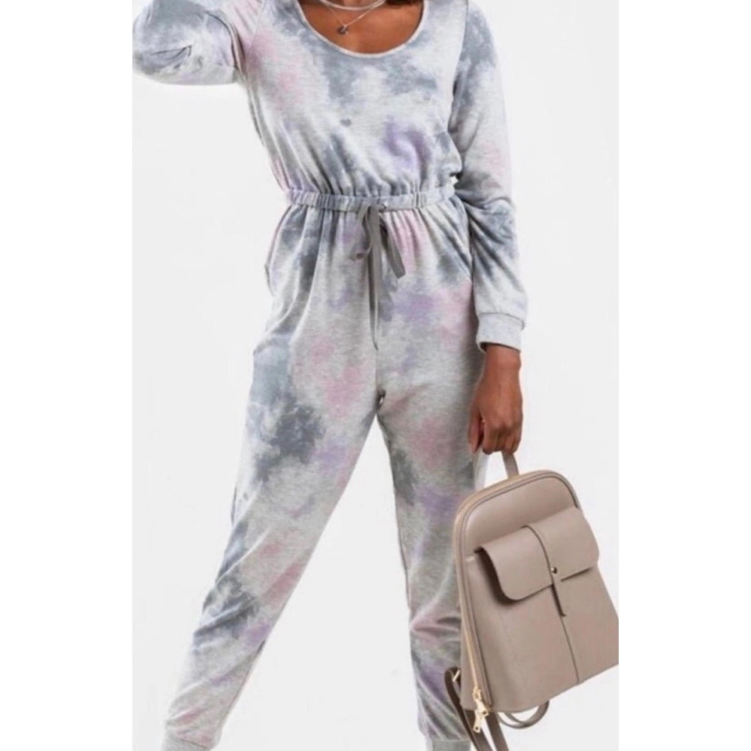 AS U WISH Women’s Gray Tie Dye Scoop Neck Long Sleeve Drawstring Casual Jumpsuit