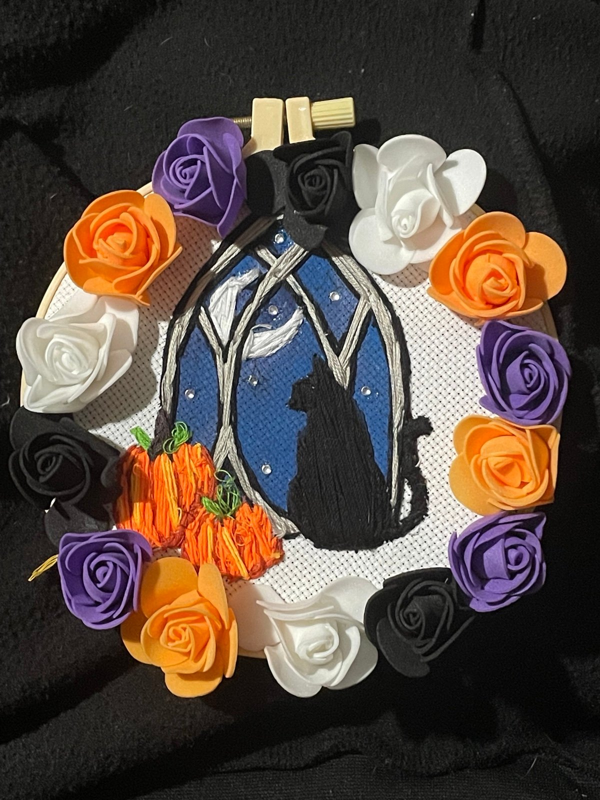 Cat Halloween roses cross stitch goth witch witchy cats floral beautiful black
